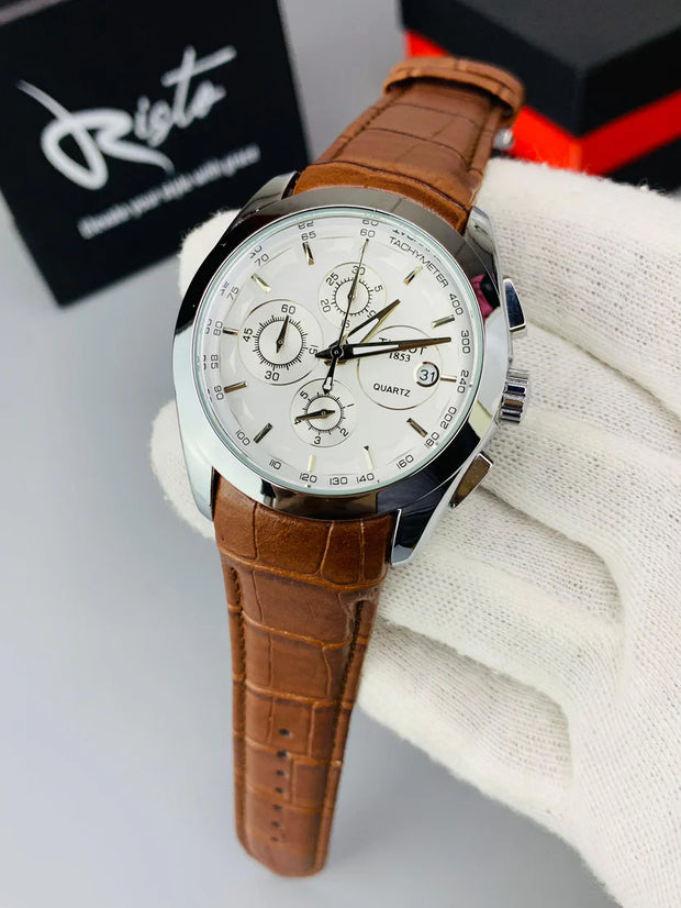 T.Chronograph  Watch Brown Belt white Dial