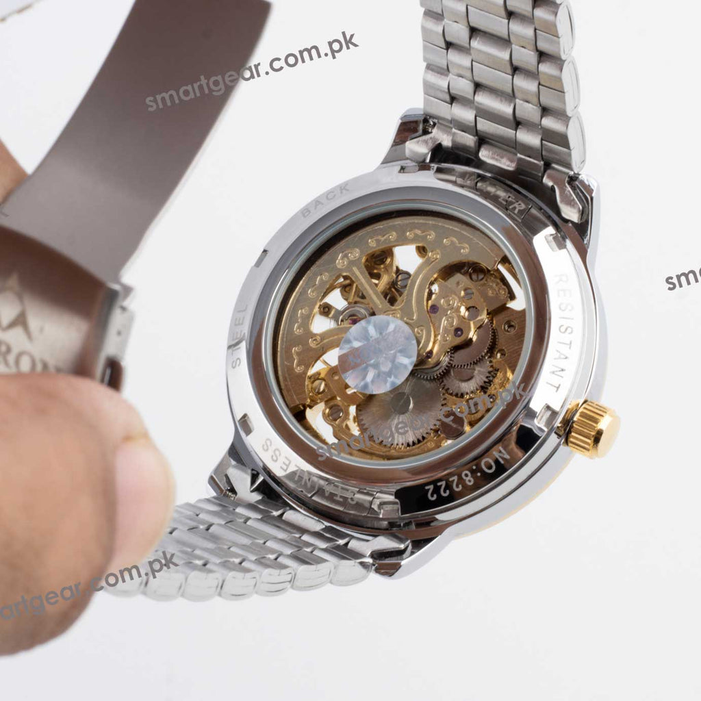 Skeleton Automatic Watch Two tone Chain  With  golden Dial image 4