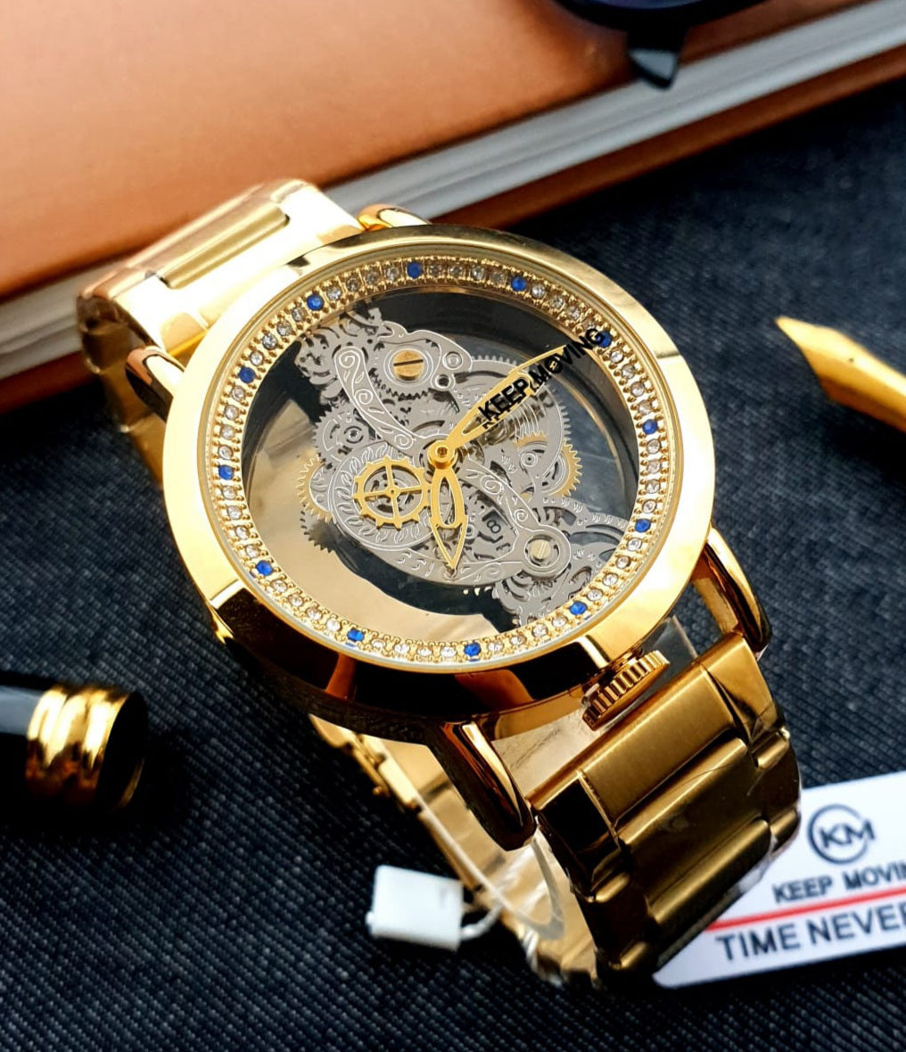Keep Moving Transparent Glass Watch Gold Colour image 0
