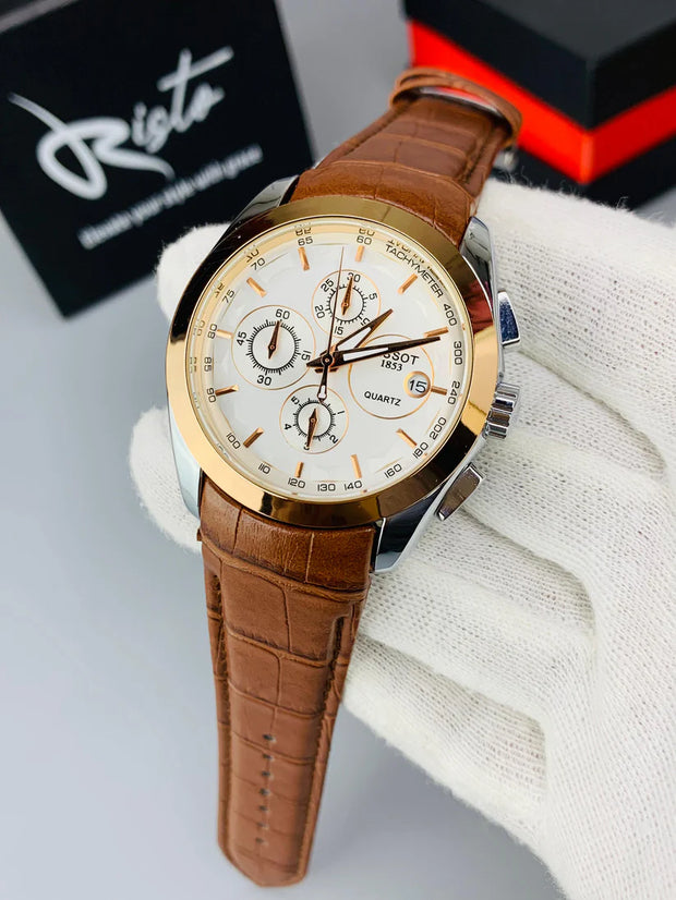 T.Chronograph  Watch Brown Belt Golden  white Dial
