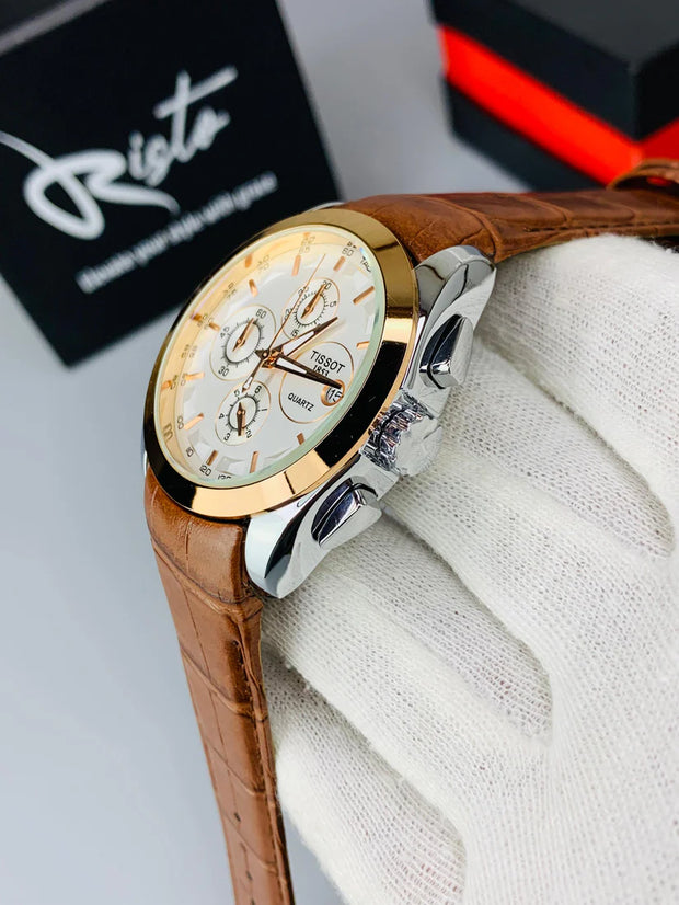 T.Chronograph  Watch Brown Belt Golden  white Dial