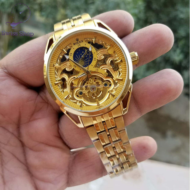 Fitron Skeleton Automatic Moon Graph Working  Golden Chain With golden Dial image 5