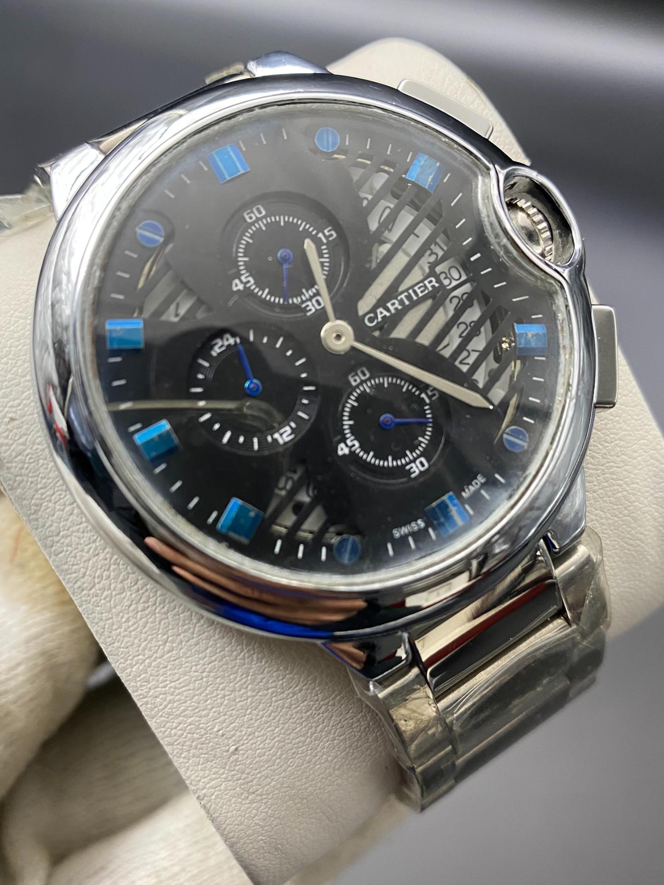 Cartier Chronograph working Watch  Sliver Black with Blue diamonds (Copy) image 3