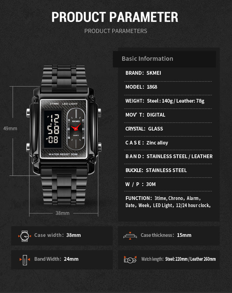 Original SKM Black Chain Square Dual time image 1